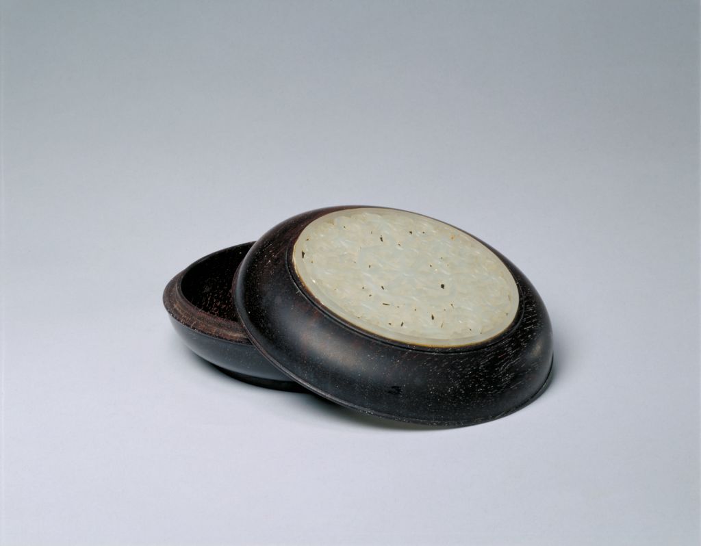 图片[1]-Red sandalwood inlaid jade carved round box with lotus pattern-China Archive